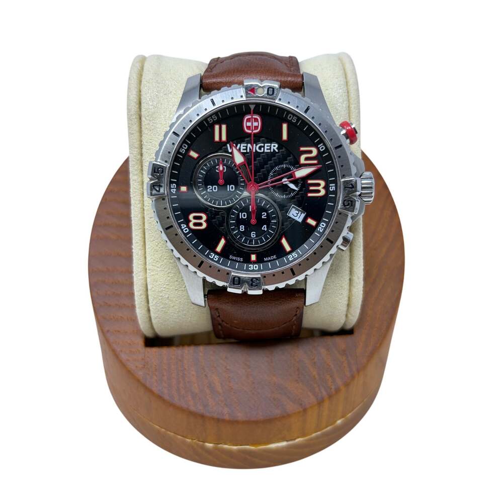 Wenger Squadron 7705X Watch Mens 43mm Swiss Chronograph Black Red Brown Leather